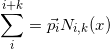 \begin{equation*}   \sum\limits_{i}^{i+k}=\vec{p_{i}}N_{i,k}(x) \end{equation*}